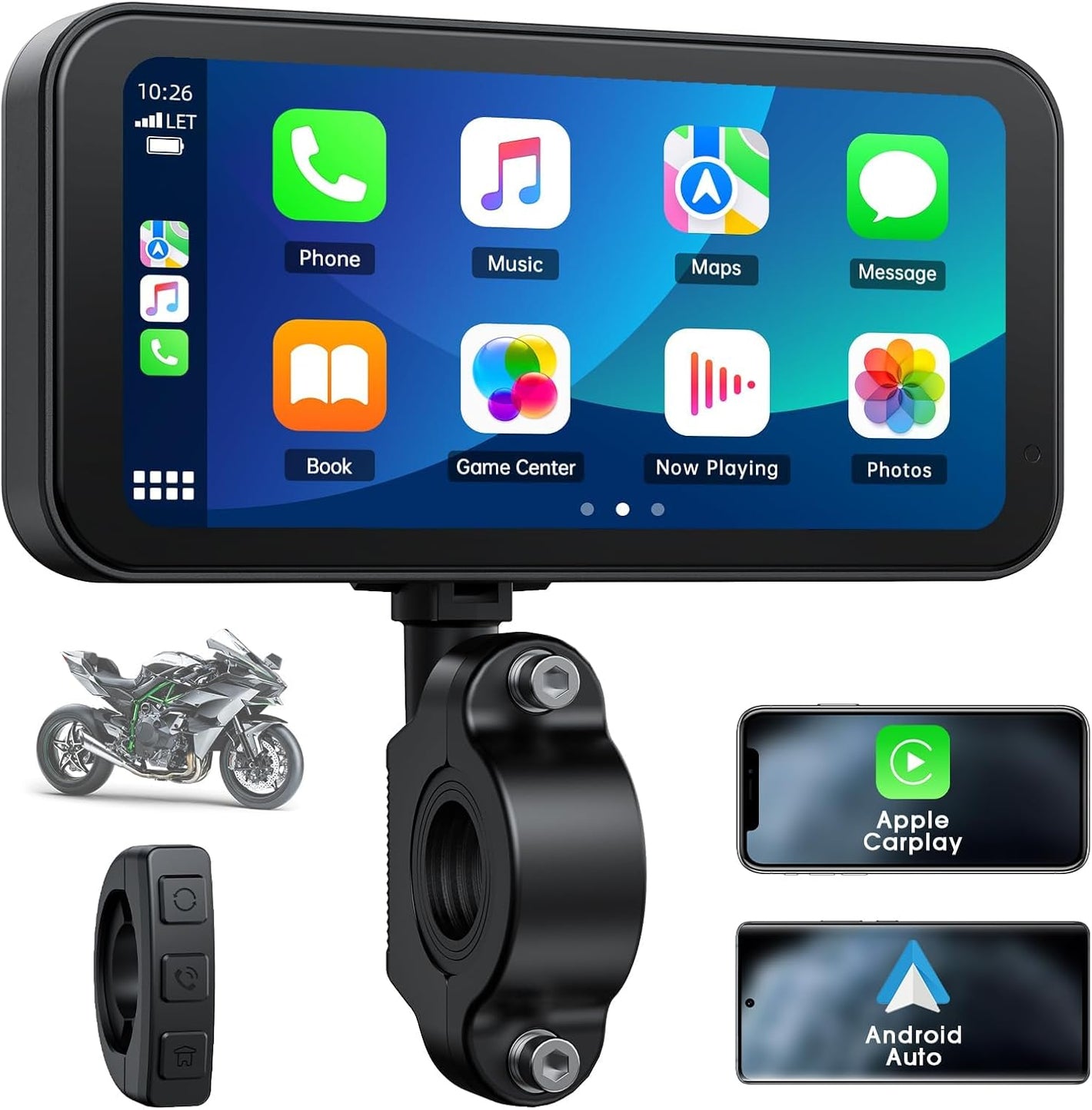 Motorcycle Carplay Screen, Wireless Apple CarPlay & Android Auto with Design Mount 6.25" Waterproof Touchscreen Supports GPS Navigation/Bluetooth Transmission/Voice Assistant